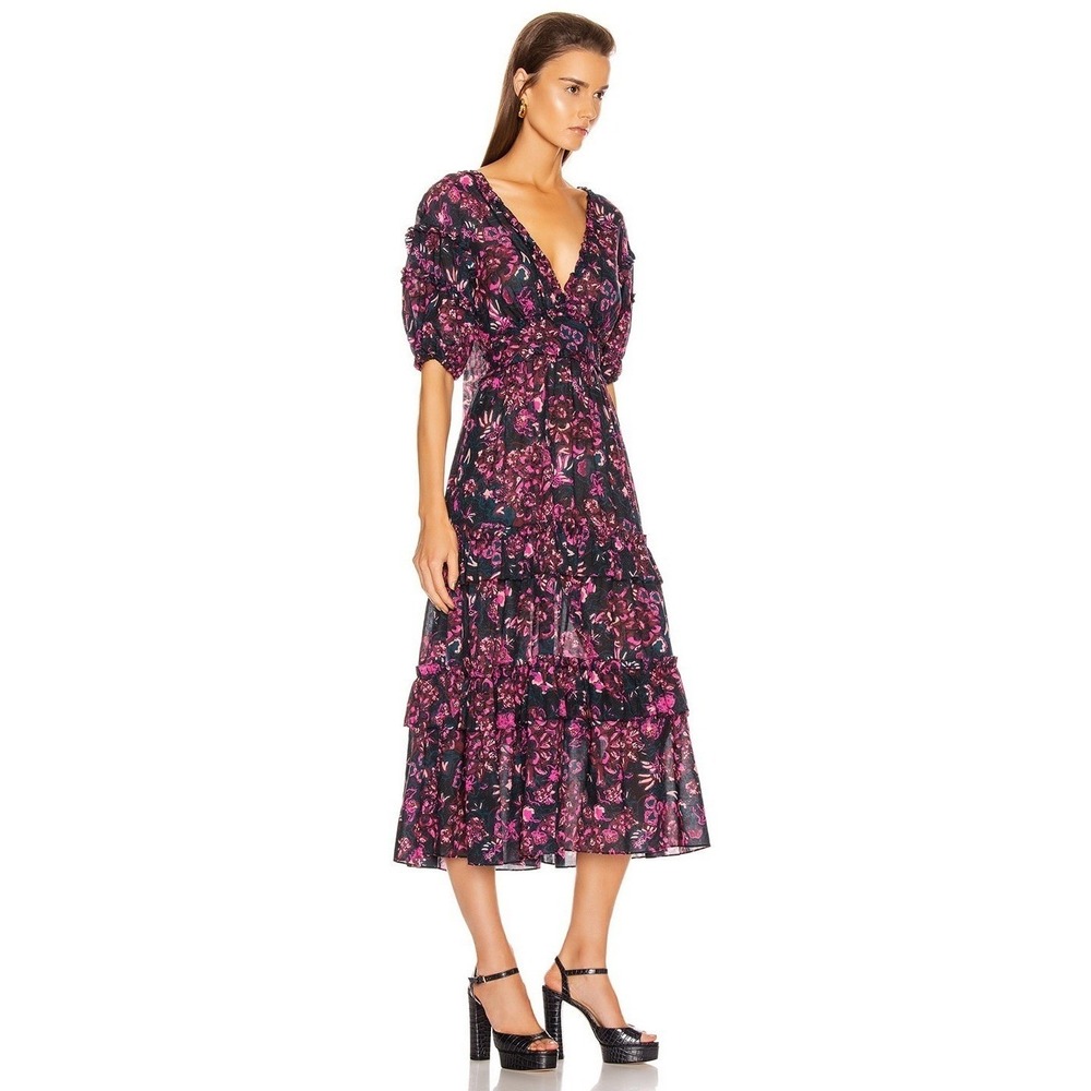 Ulla Johnson Silk Floral Midi Dress Puff Sleeve Tie Back S Silk Modern Heritage